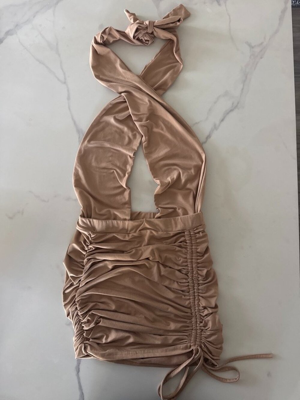 Tan halter ruched dress